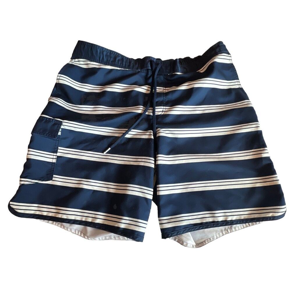Lands' End Men’s Swim Trunks XL Drawstring Navy Blue White Striped pockets